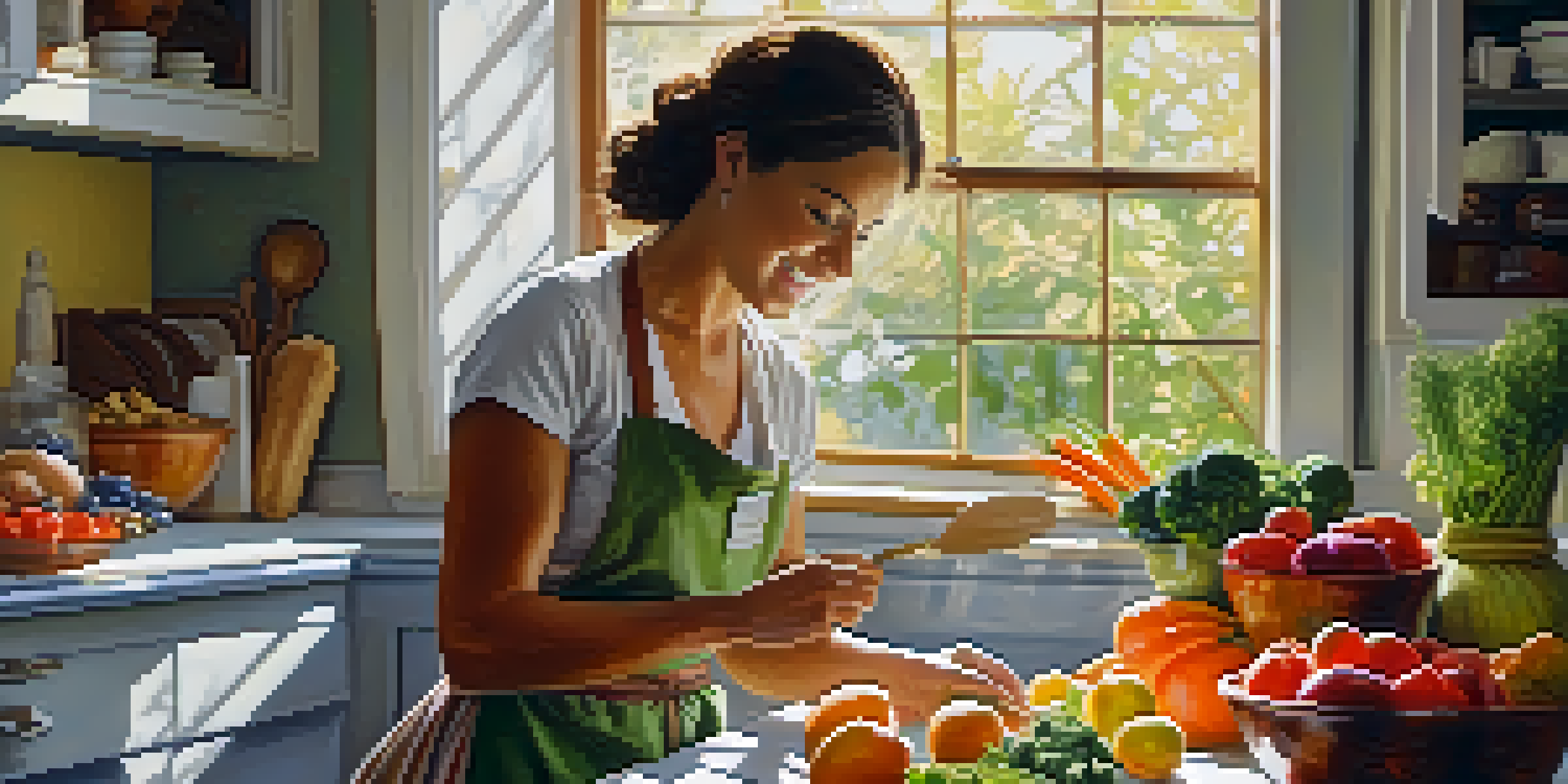 A woman in a bright kitchen preparing a healthy meal with various colorful vegetables and fruits on the countertop.