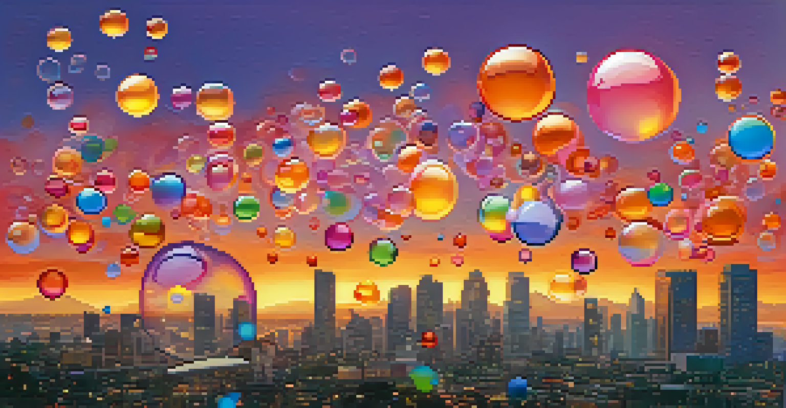 Colorful bubbles representing social media platforms above a city skyline at sunset, with symbols of connection inside each bubble.