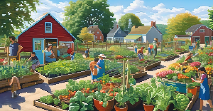 A lively community garden filled with diverse plants and flowers, with people of different ages working together under a sunny sky.