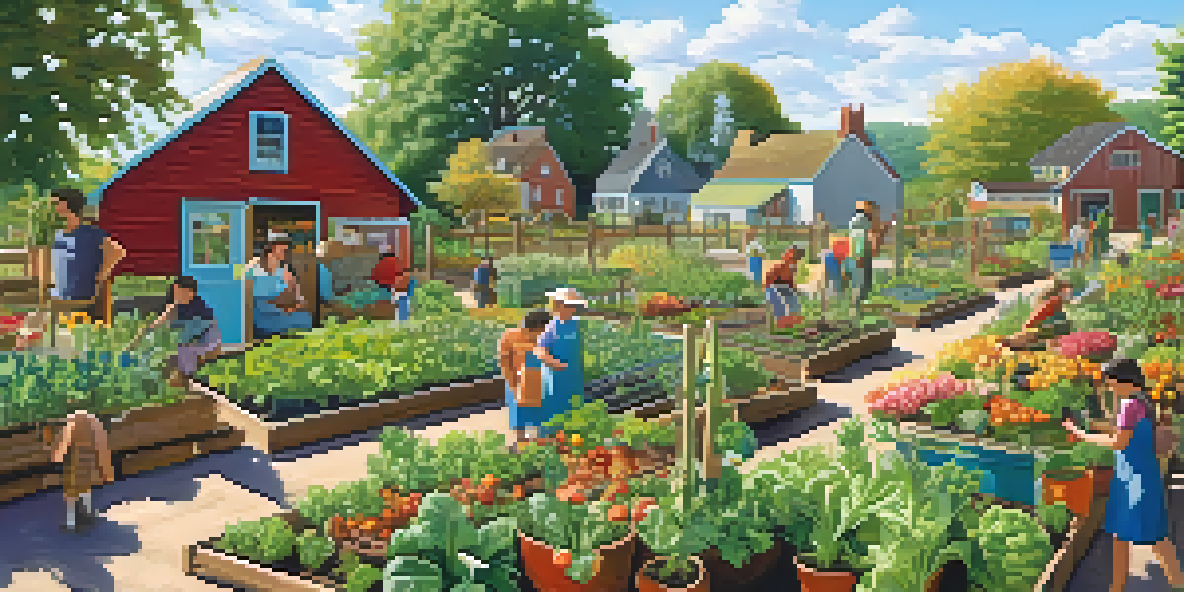 A lively community garden filled with diverse plants and flowers, with people of different ages working together under a sunny sky.