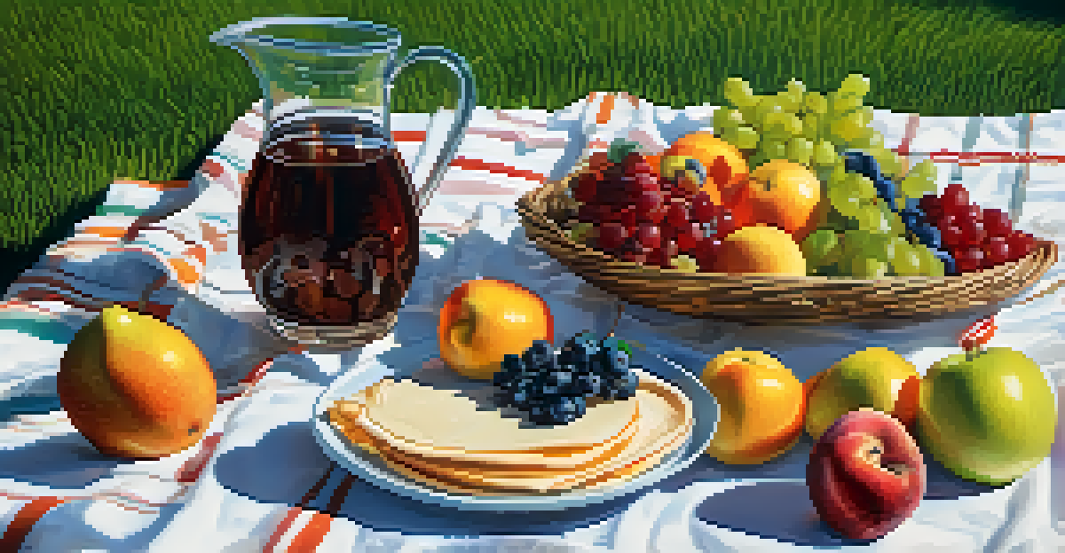 An outdoor picnic with a balanced meal including fruits, lean proteins, and a pitcher of water on a green blanket.