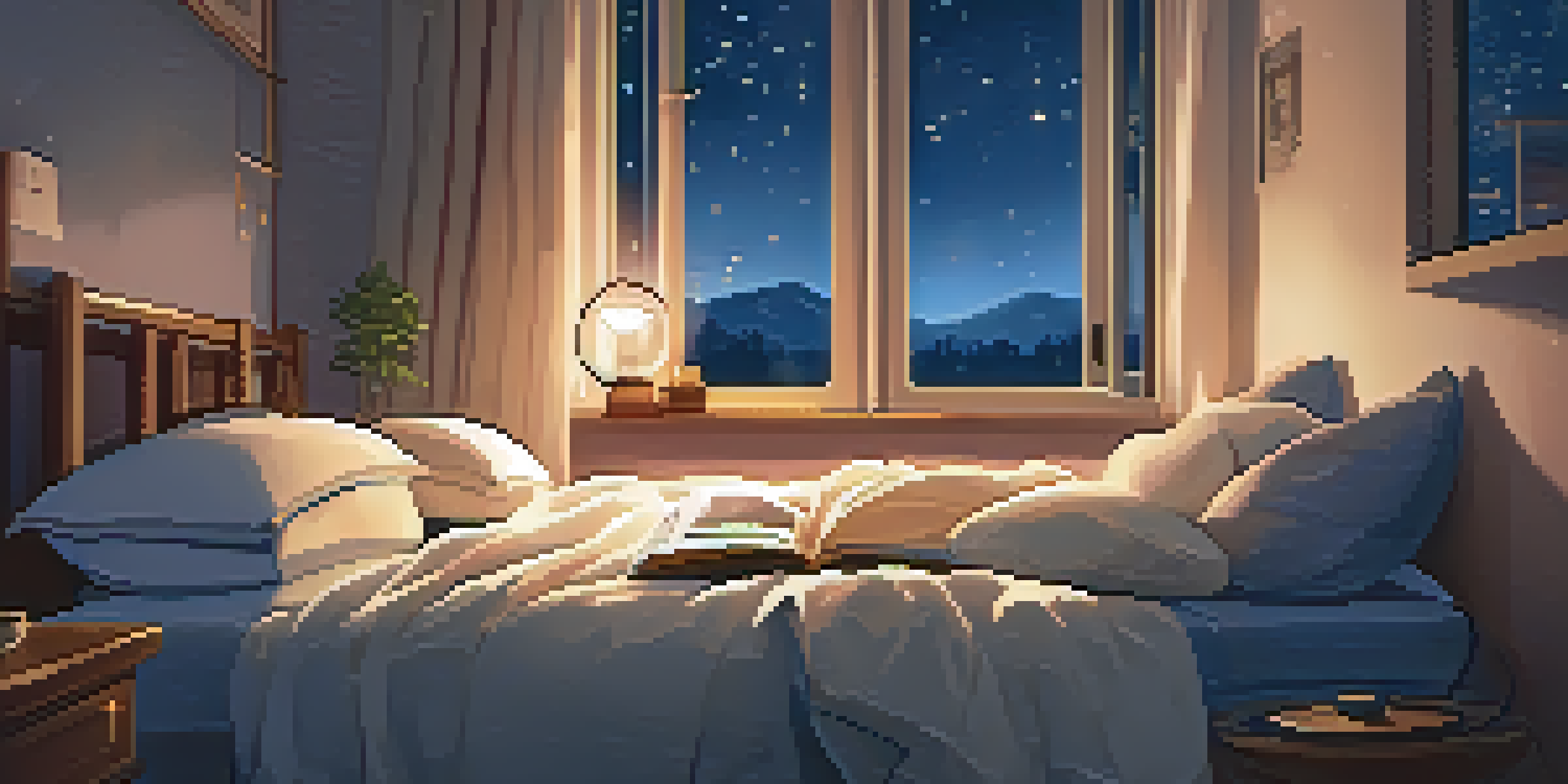 A cozy bedroom with warm lighting, a made bed, a bedside table with a lamp, book, and tea, and a night sky visible through the window.
