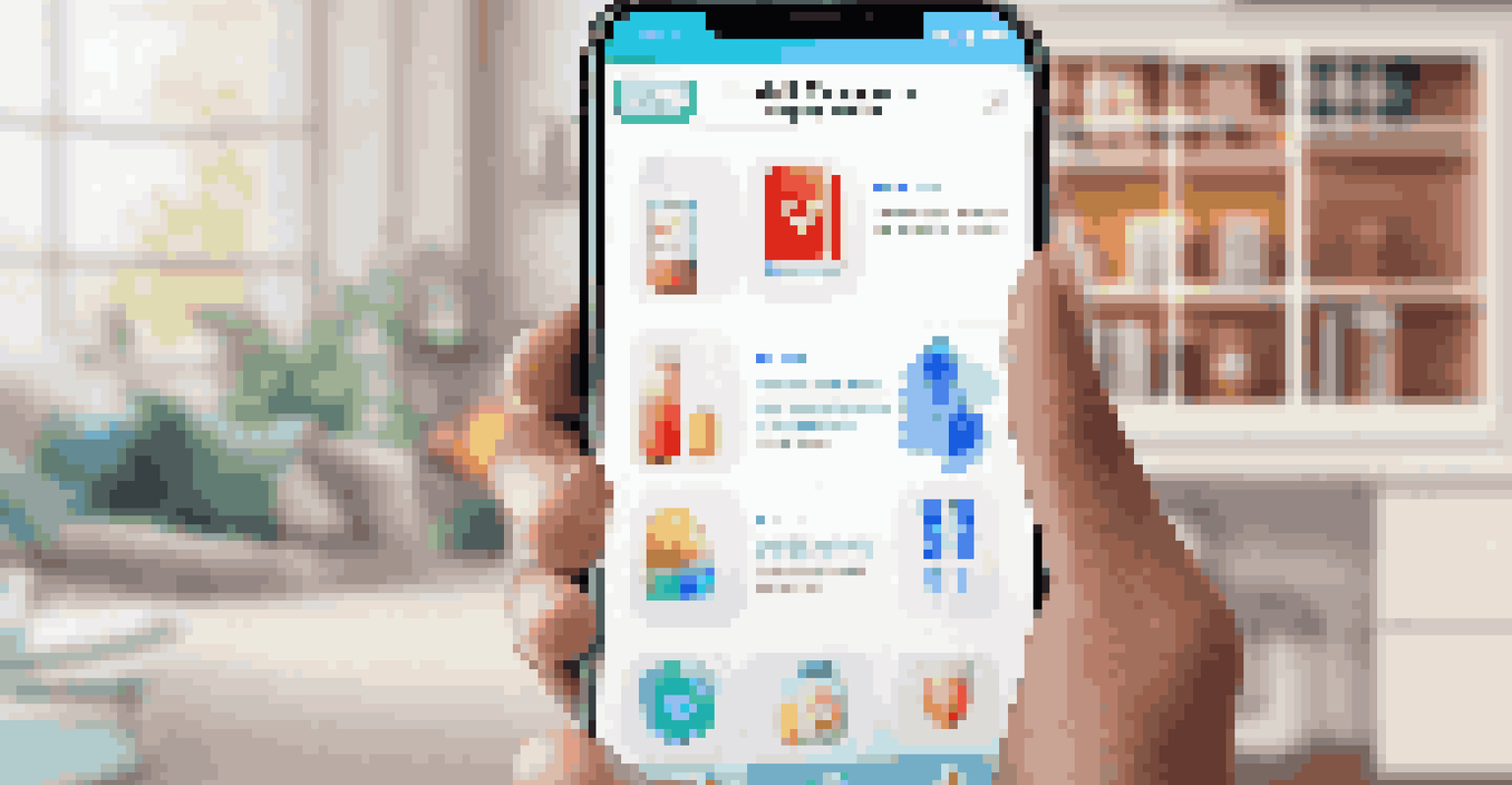 A smartphone showing a health management app with colorful icons, set against a blurred background of a living space.