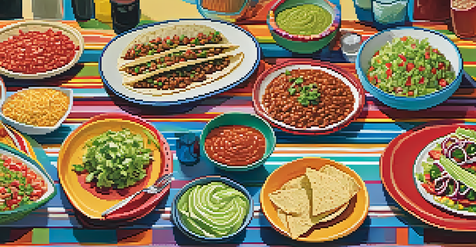 A vibrant taco bar with colorful toppings at a family gathering, showing people customizing their tacos.