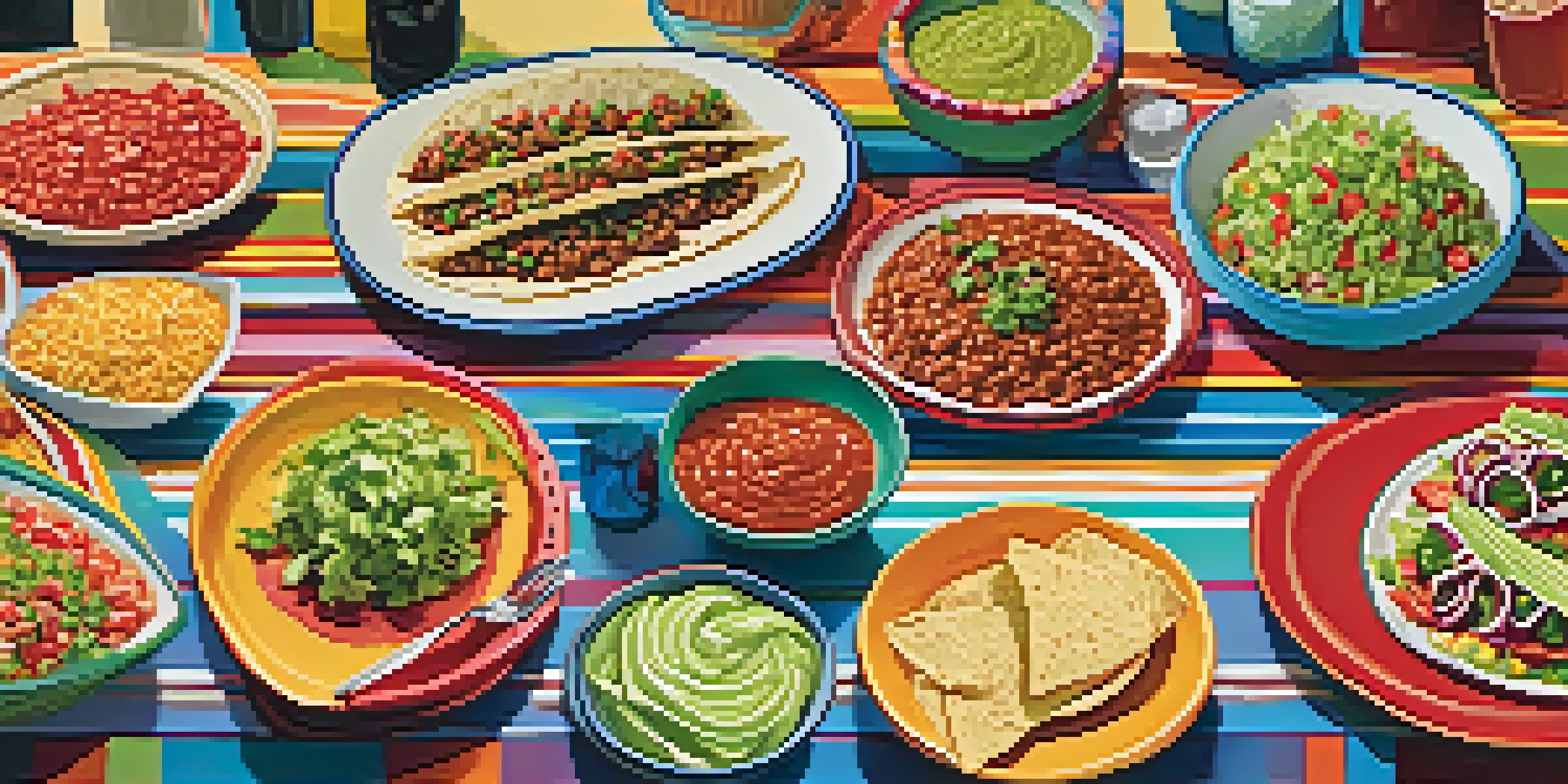 A vibrant taco bar with colorful toppings at a family gathering, showing people customizing their tacos.