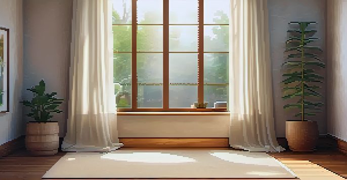 A peaceful meditation space with soft lighting, a cushion, a water fountain, and plants, creating a serene atmosphere.