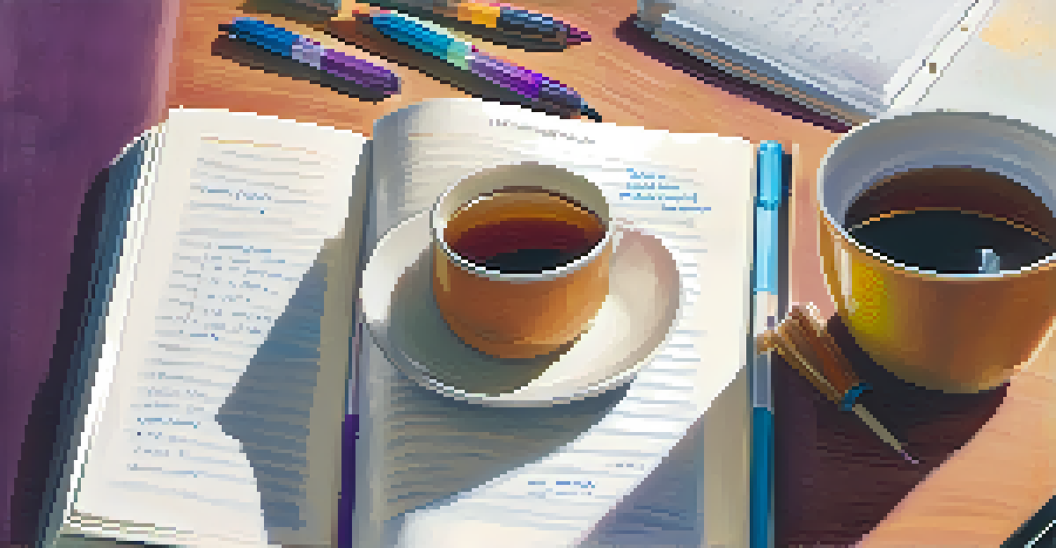 A focused individual writing in a planner with colorful pens and a cup of tea, emphasizing the practice of setting daily intentions.