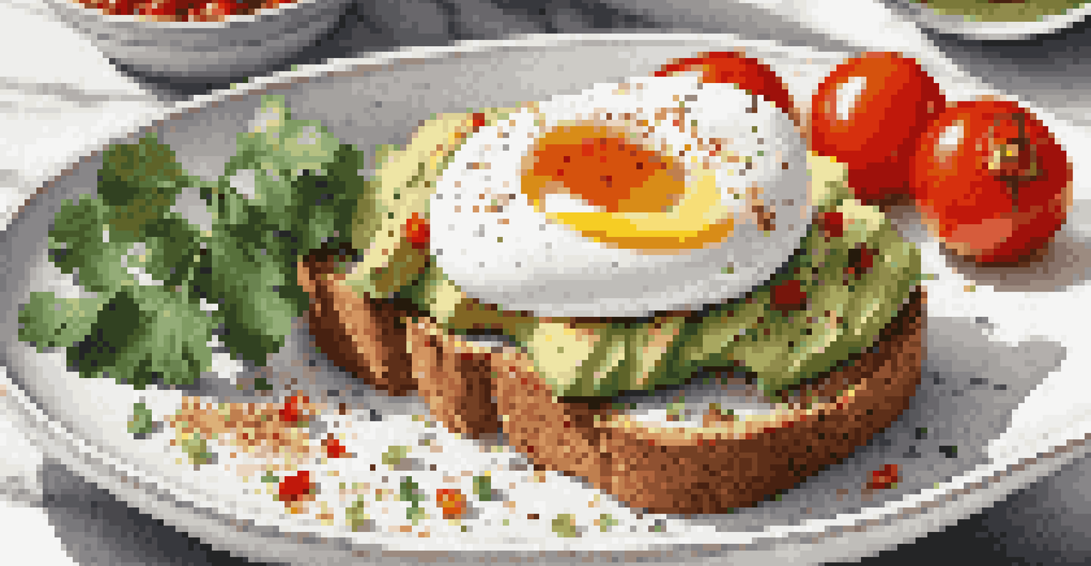 A slice of avocado toast with a poached egg and cherry tomatoes on a marble countertop.