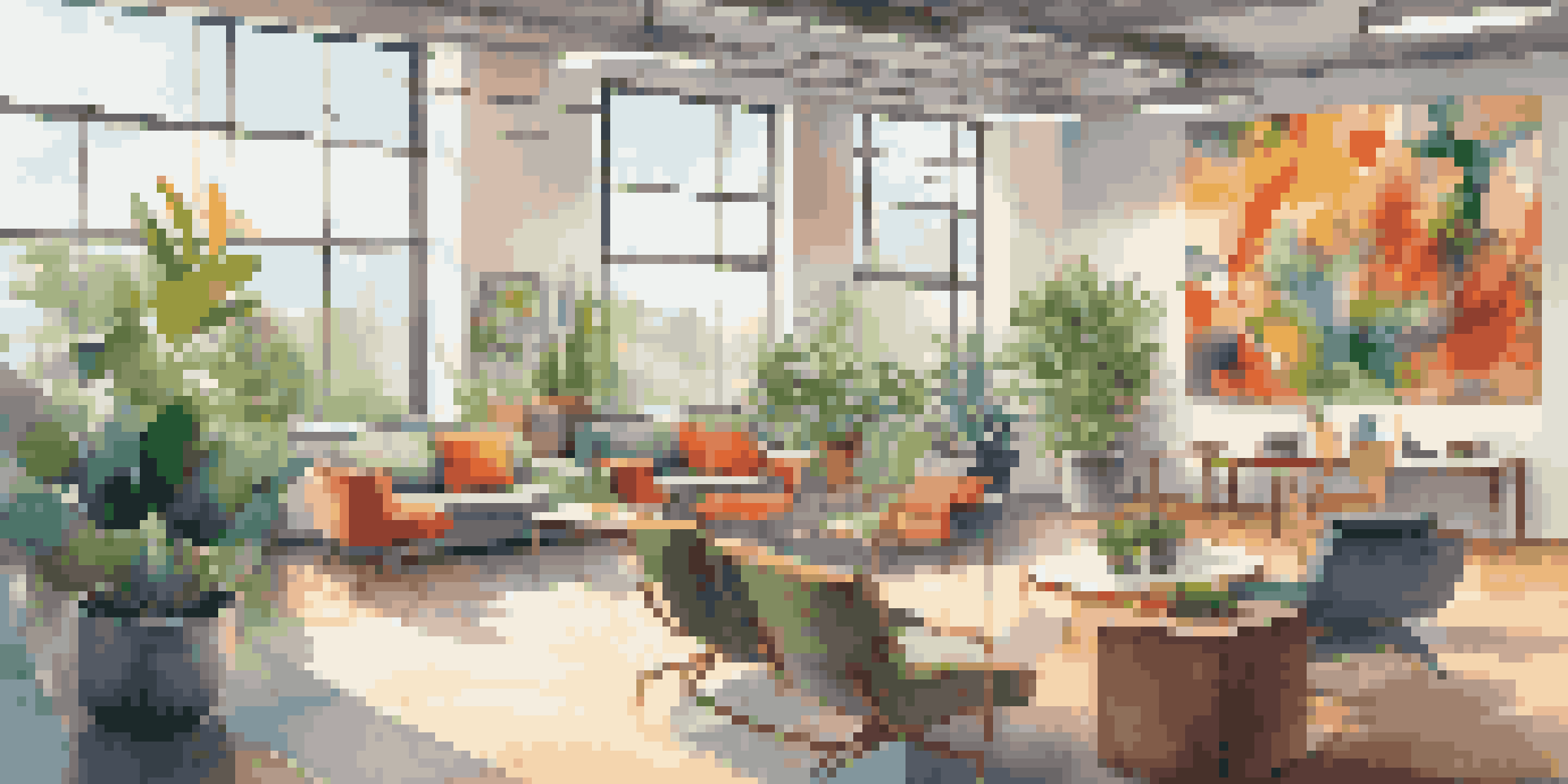 A bright office space with abstract art on the walls, large windows letting in sunlight, and comfortable seating surrounded by plants.
