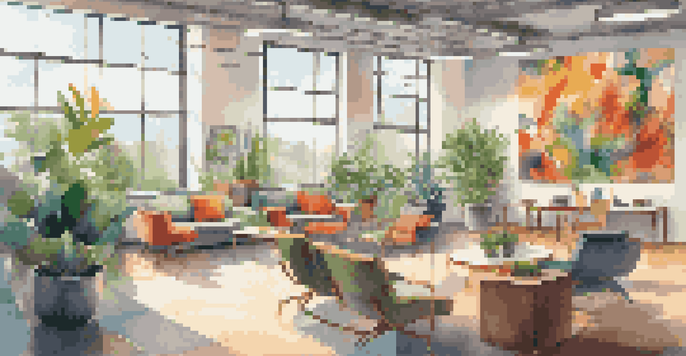 A bright office space with abstract art on the walls, large windows letting in sunlight, and comfortable seating surrounded by plants.