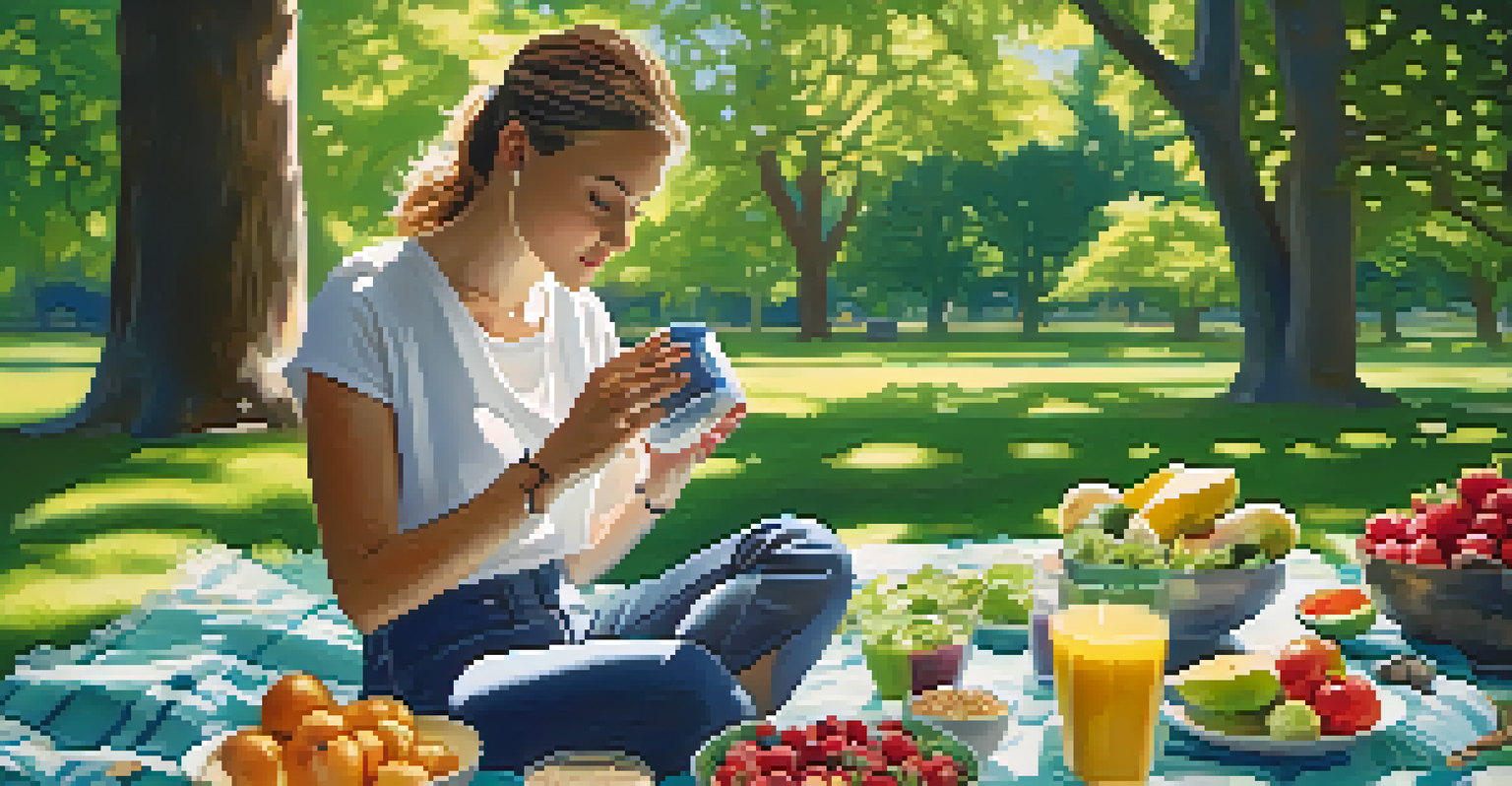 A person enjoying a healthy meal on a picnic blanket in a peaceful park, surrounded by nature.