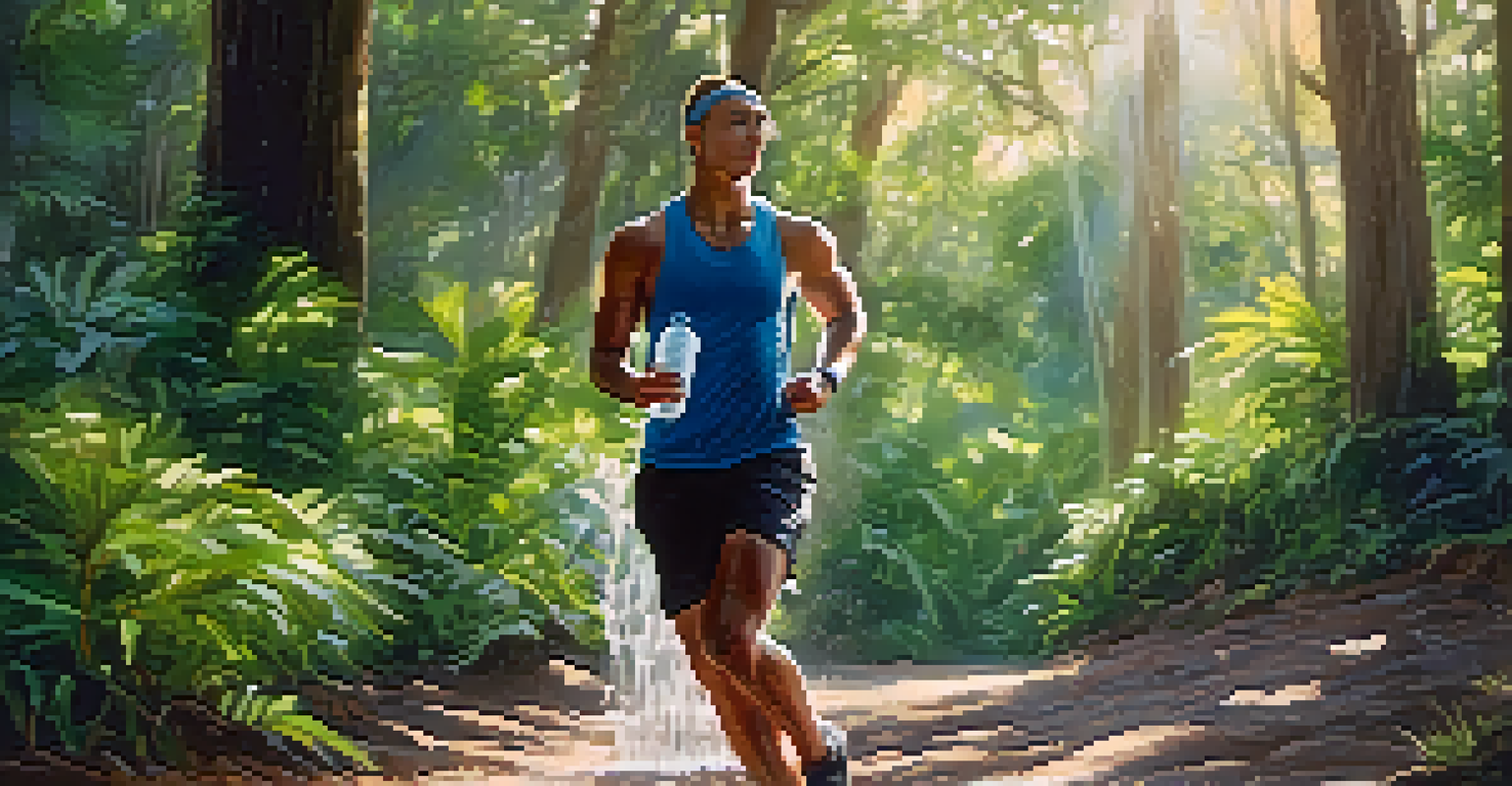 An athlete hydrating with a water bottle in an outdoor setting, surrounded by greenery and sunlight, showing determination.