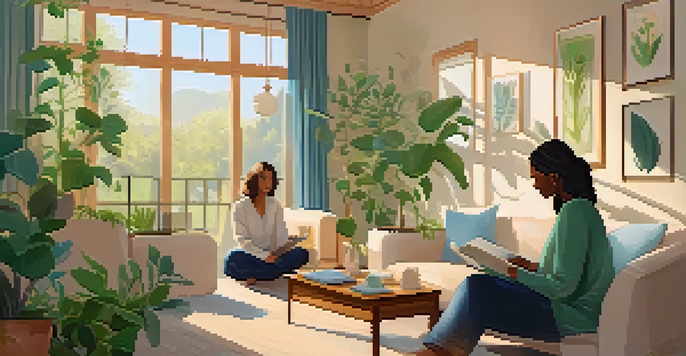 A wellness coach and client sitting in a sunlit room, engaging in a supportive conversation with plants and calming colors around them.
