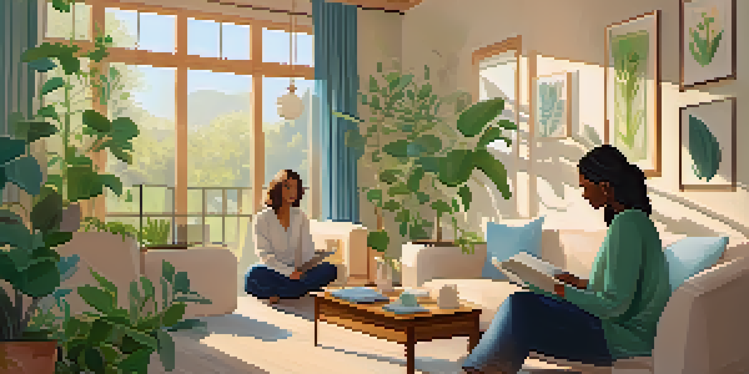 A wellness coach and client sitting in a sunlit room, engaging in a supportive conversation with plants and calming colors around them.