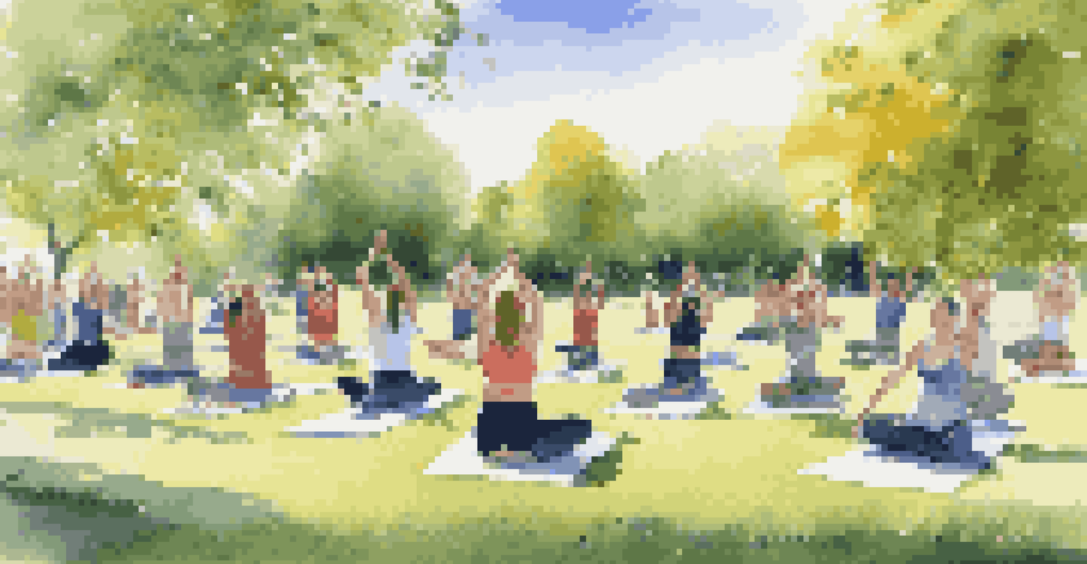 Employees participating in an outdoor yoga class, enjoying teamwork and camaraderie on a sunny day.