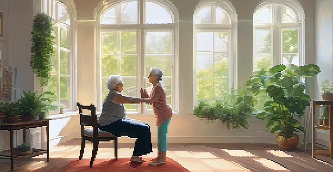 A caregiver assisting an elderly woman in chair yoga in a bright room filled with plants and sunlight.