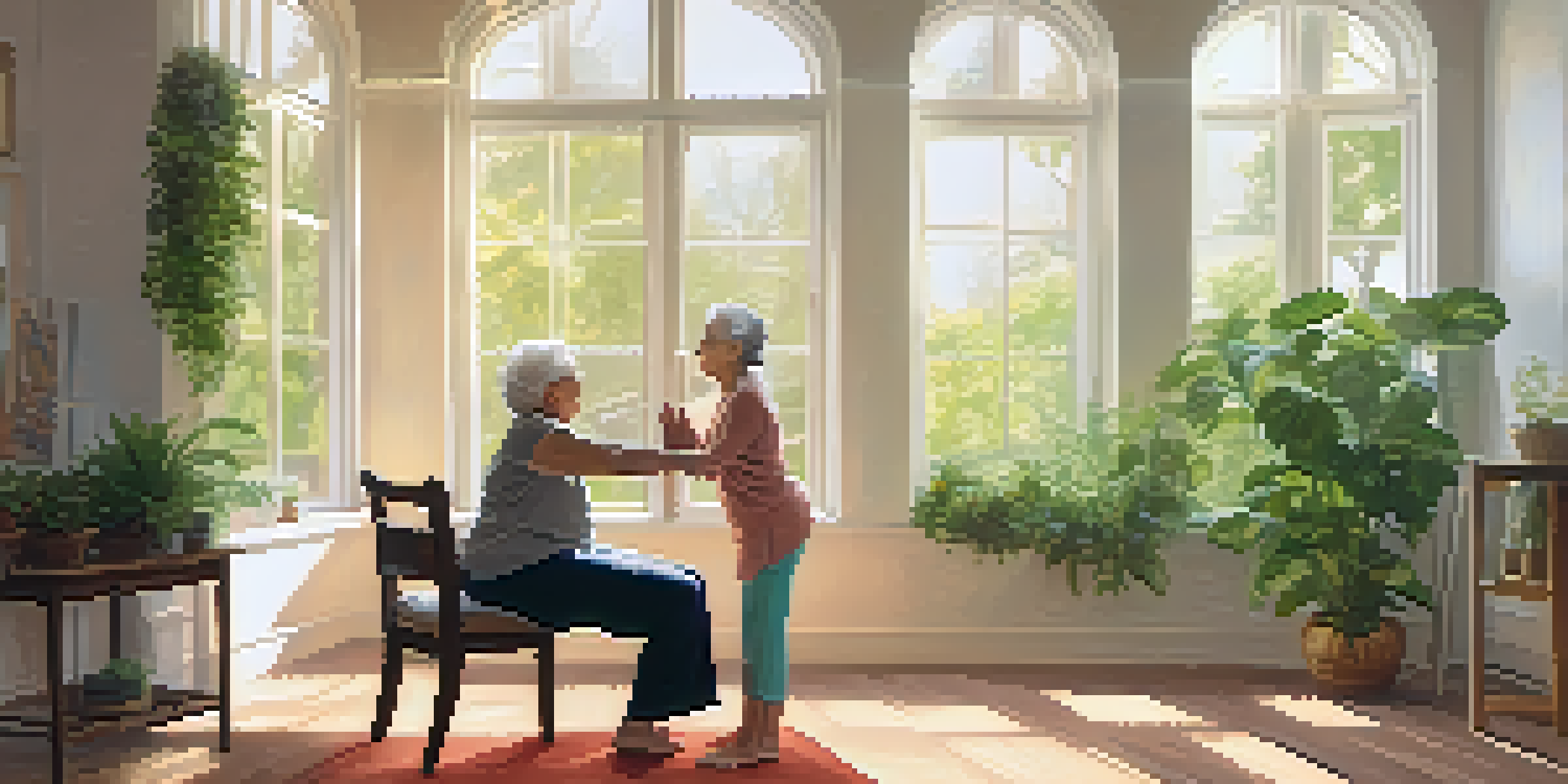 A caregiver assisting an elderly woman in chair yoga in a bright room filled with plants and sunlight.