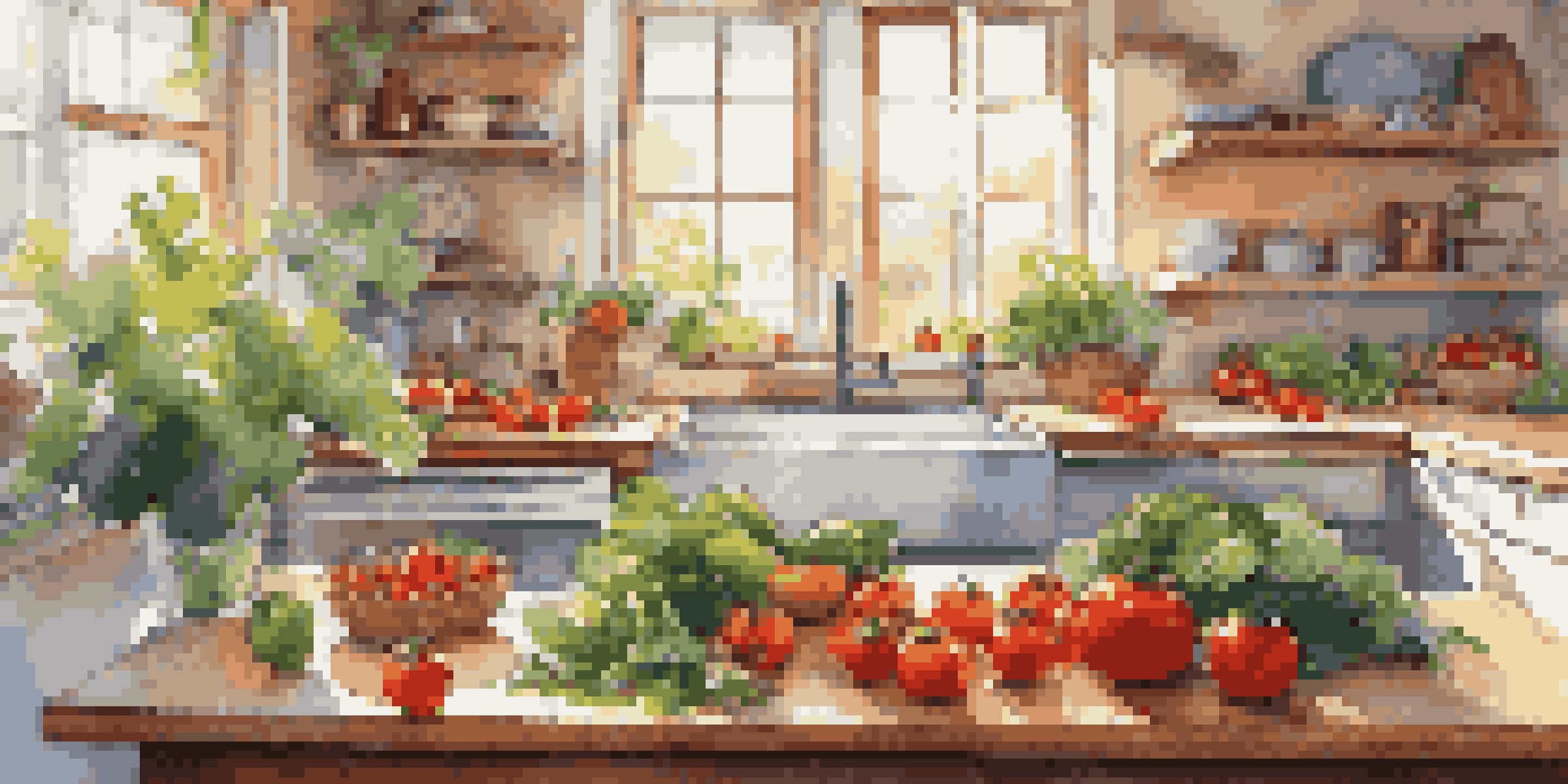 A bright kitchen scene showcasing fresh fruits and vegetables on a countertop, with sunlight streaming in and a notebook for meal planning.