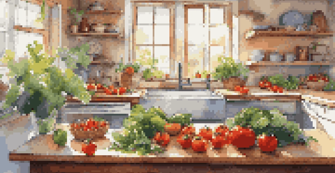 A bright kitchen scene showcasing fresh fruits and vegetables on a countertop, with sunlight streaming in and a notebook for meal planning.