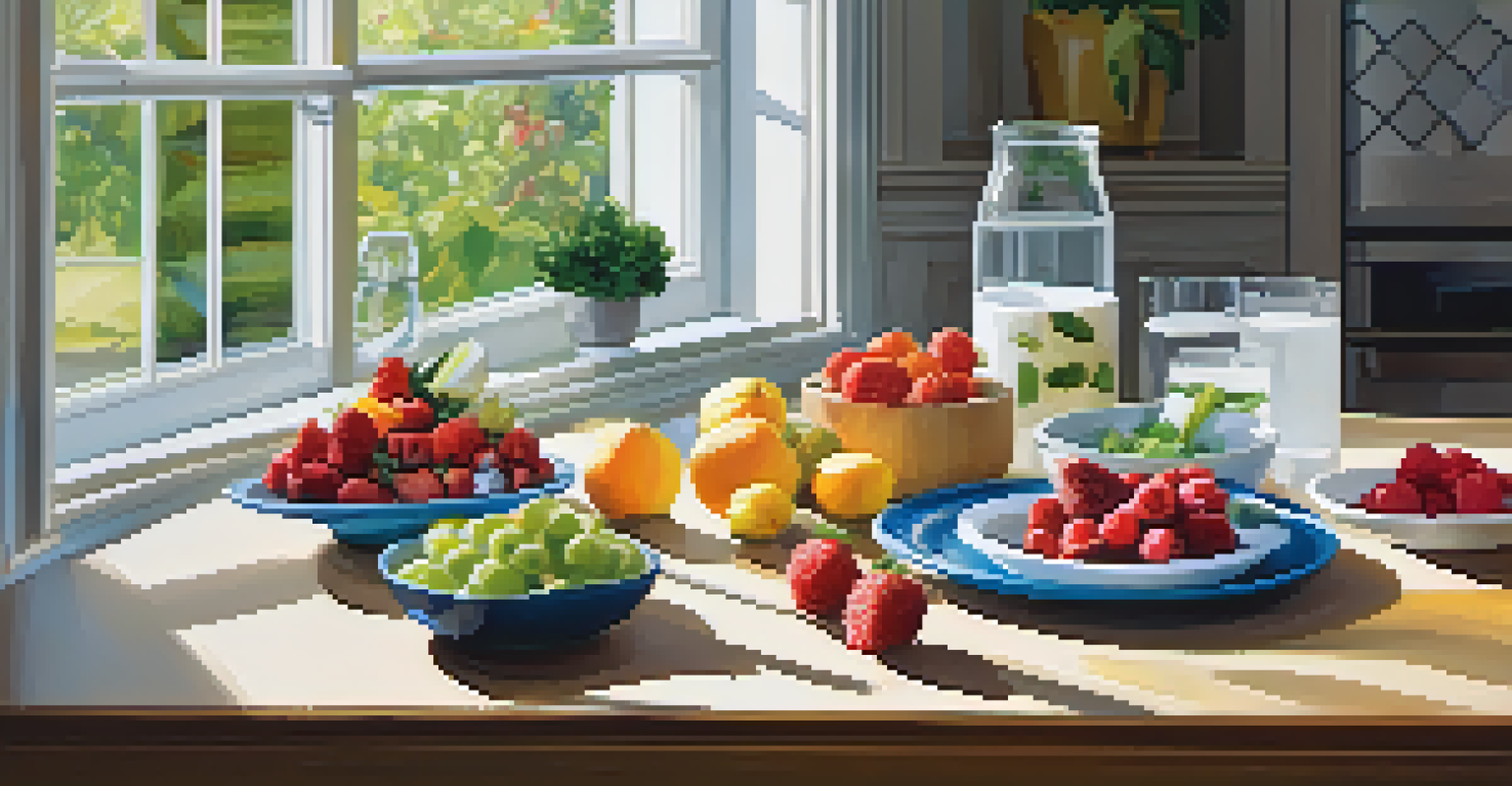 A kitchen table filled with healthy snacks like fruits, vegetables, and yogurt, with a glass of water and sunlight coming through a window.