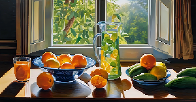 A glass of water next to a bowl of fresh fruits, including oranges and cucumbers, on a wooden table with sunlight streaming through a window.