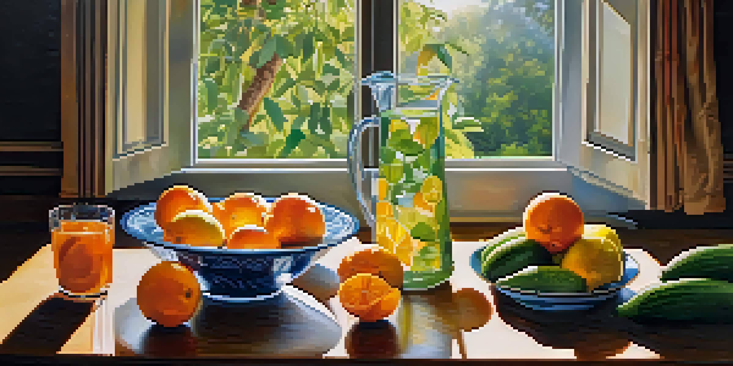 A glass of water next to a bowl of fresh fruits, including oranges and cucumbers, on a wooden table with sunlight streaming through a window.
