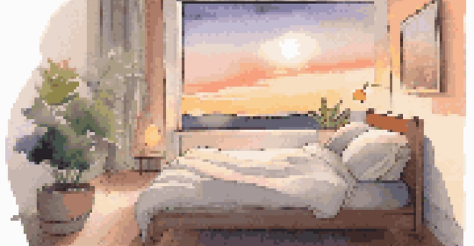 A peaceful bedroom with a smart sleep tracker on a nightstand and warm lighting, creating a calming atmosphere for sleep.