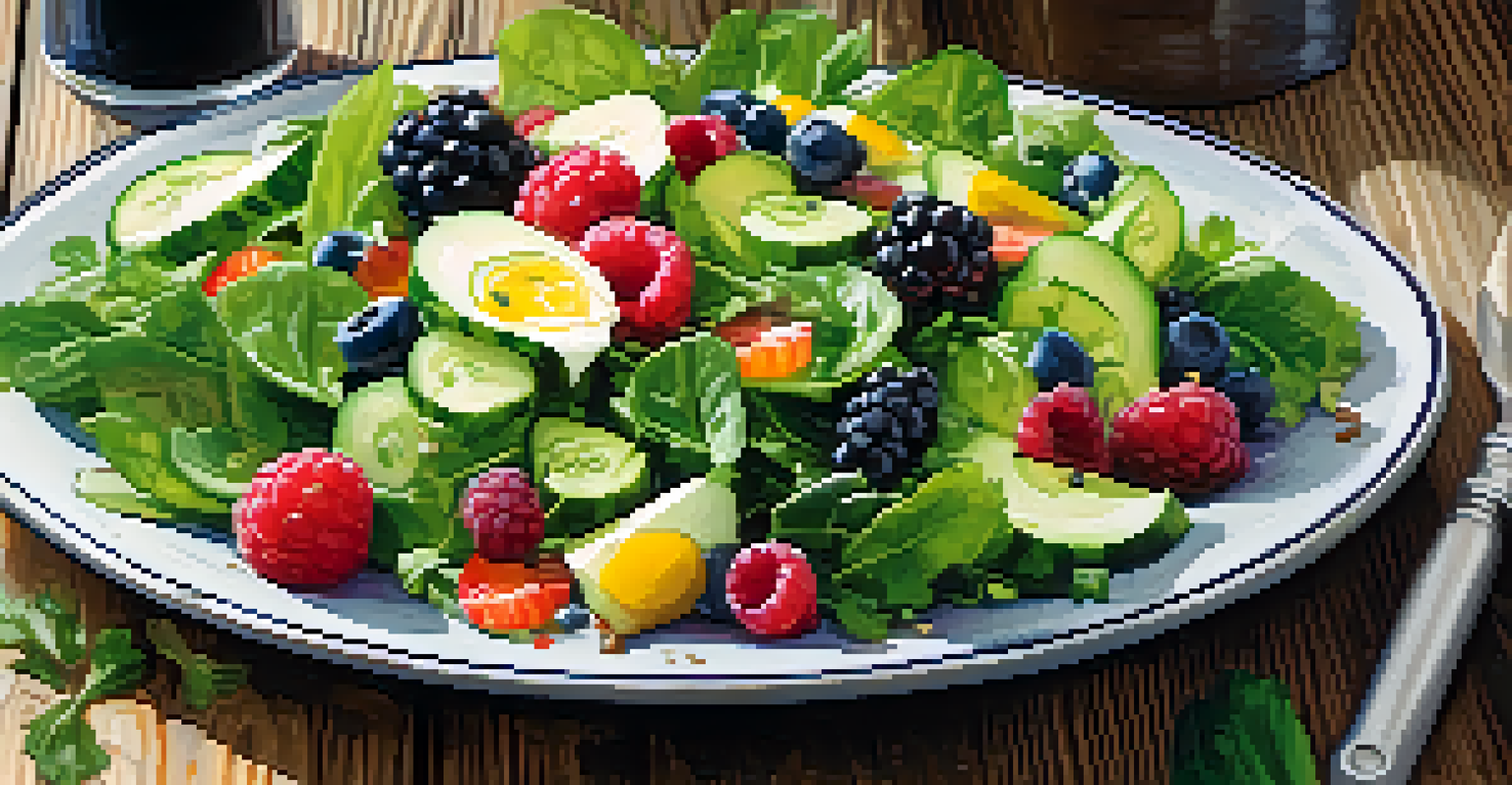 A close-up view of a colorful detox salad made with leafy greens, cucumbers, and berries on a wooden table.