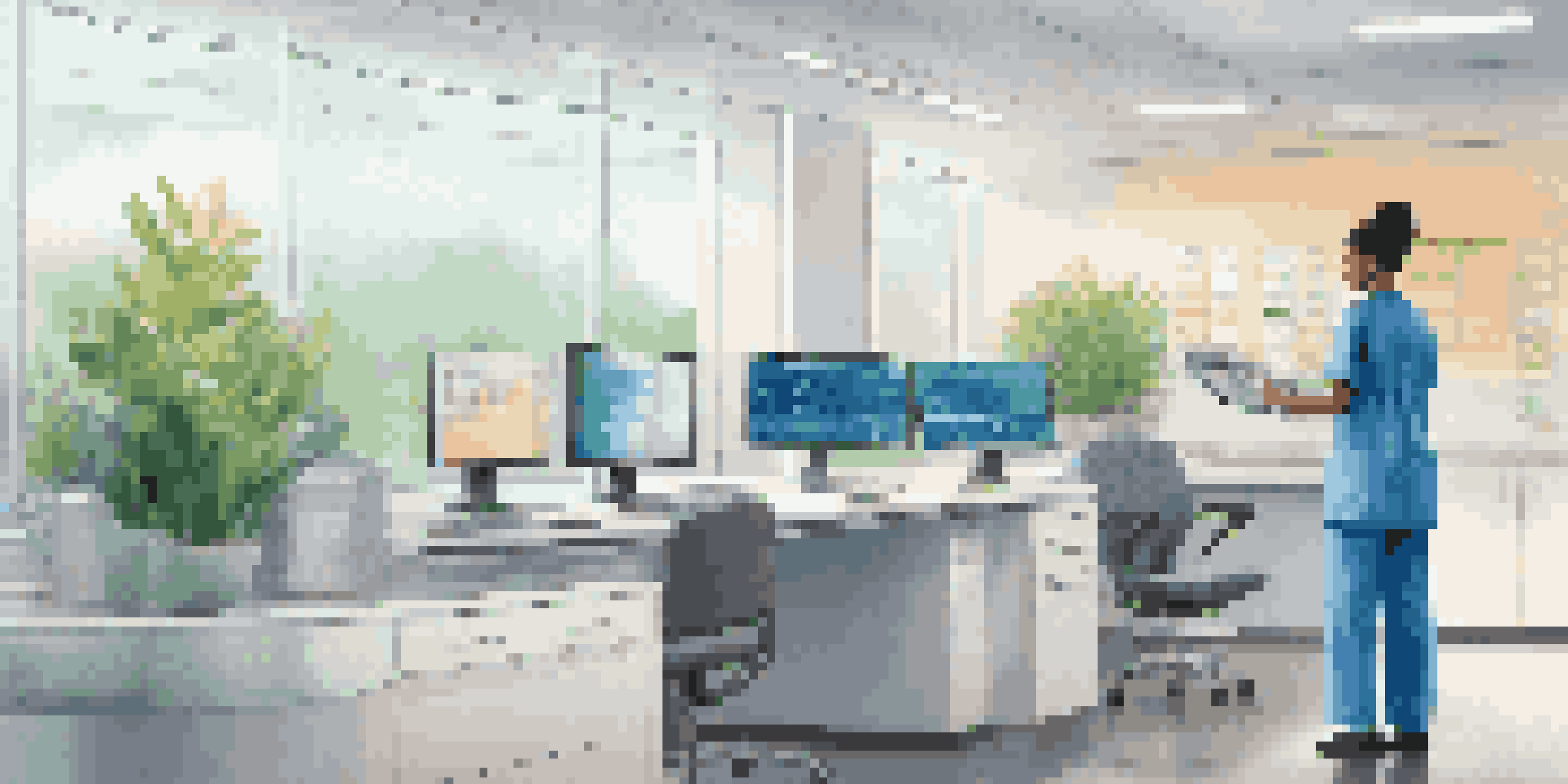 A healthcare professional in scrubs reviewing electronic health records on a monitor in a bright and airy workspace.