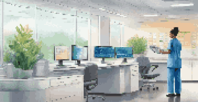A healthcare professional in scrubs reviewing electronic health records on a monitor in a bright and airy workspace.