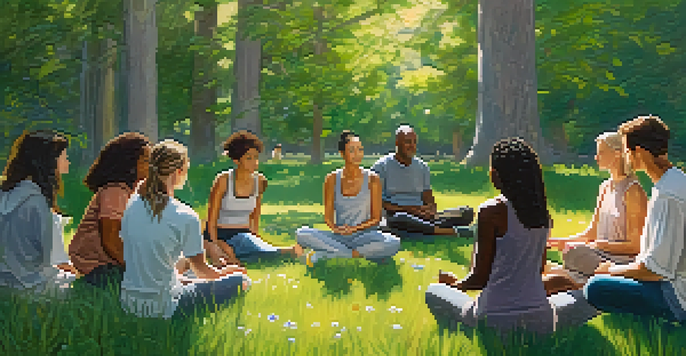 A wellness coach leading a diverse group in a mindfulness session outdoors, with sunlight filtering through trees and participants practicing deep breathing in a circle.