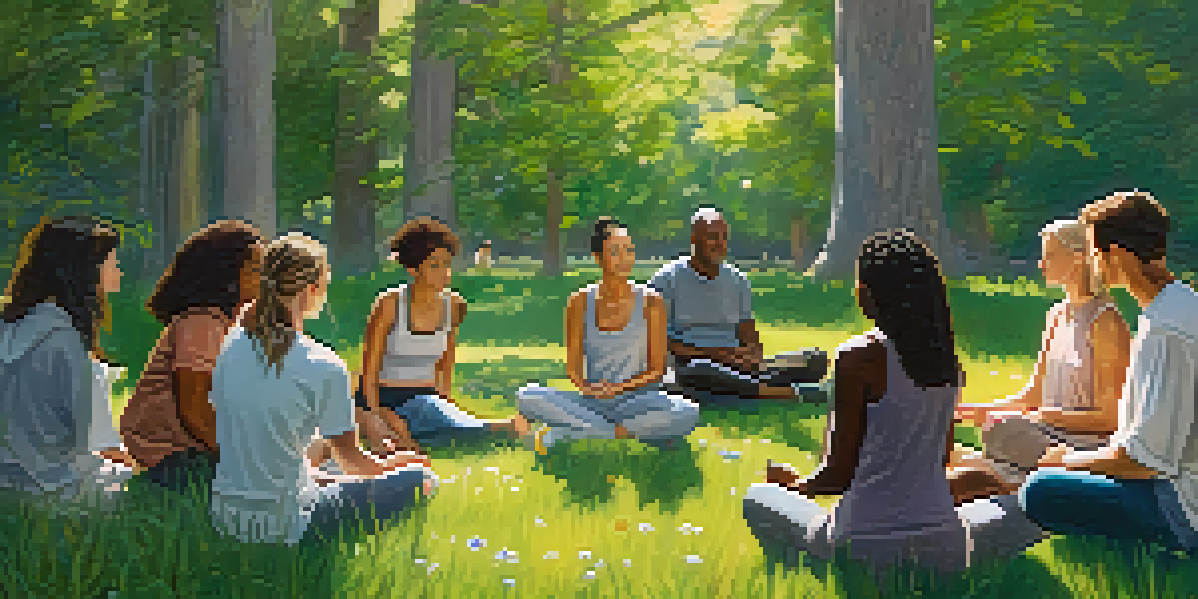 A wellness coach leading a diverse group in a mindfulness session outdoors, with sunlight filtering through trees and participants practicing deep breathing in a circle.