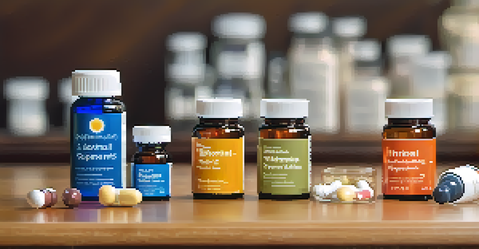 A close-up view of various nutritional supplements including prenatal vitamins and fish oil capsules on a wooden counter, with warm lighting highlighting the details.