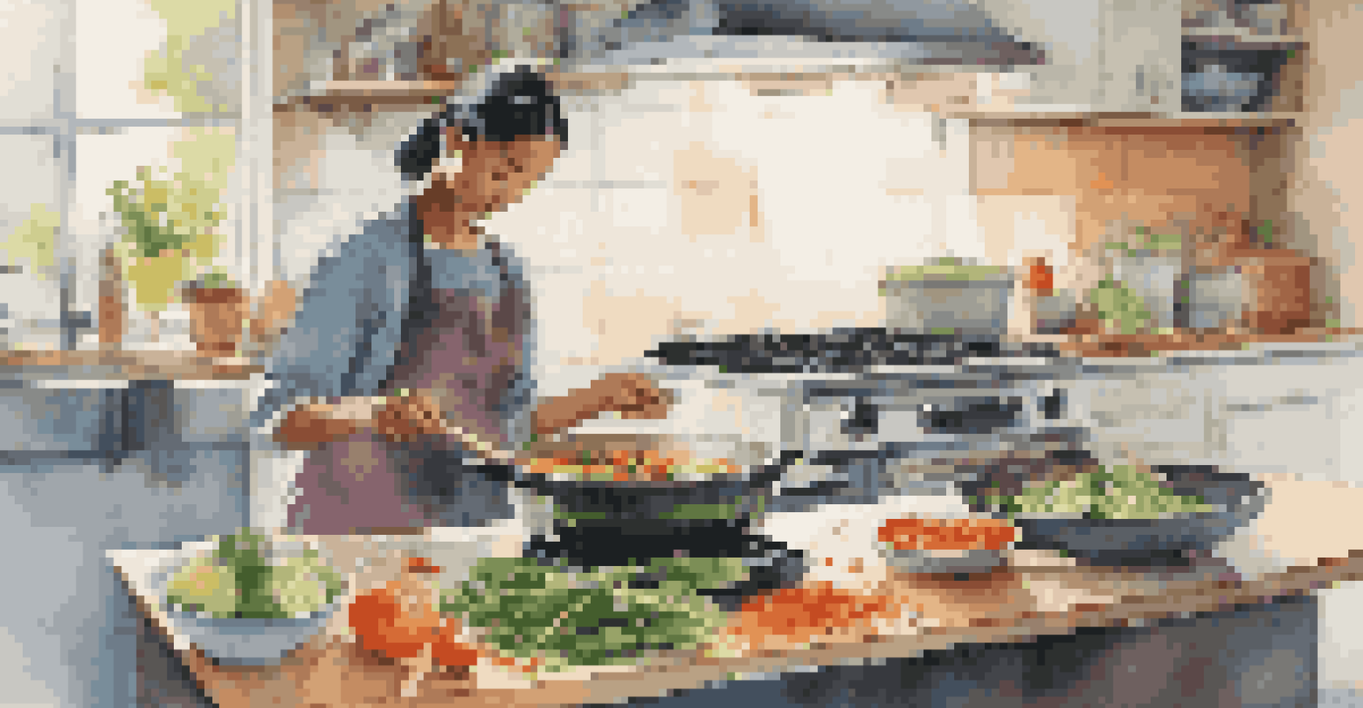 A student stir-frying vegetables and chicken in a modern kitchen, showcasing a colorful and efficient cooking scene.