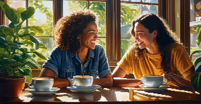 Two friends enjoying coffee and laughter in a cozy coffee shop, with sunlight streaming through the windows.