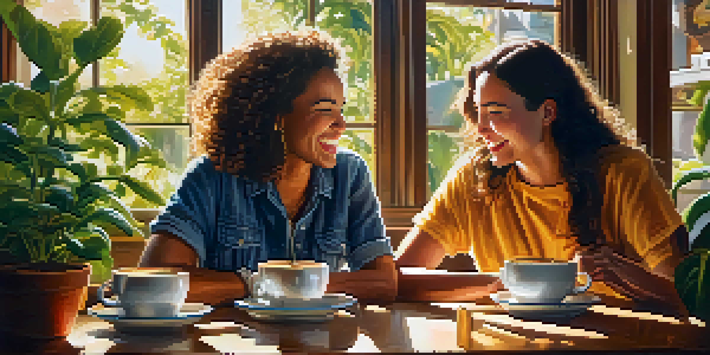 Two friends enjoying coffee and laughter in a cozy coffee shop, with sunlight streaming through the windows.