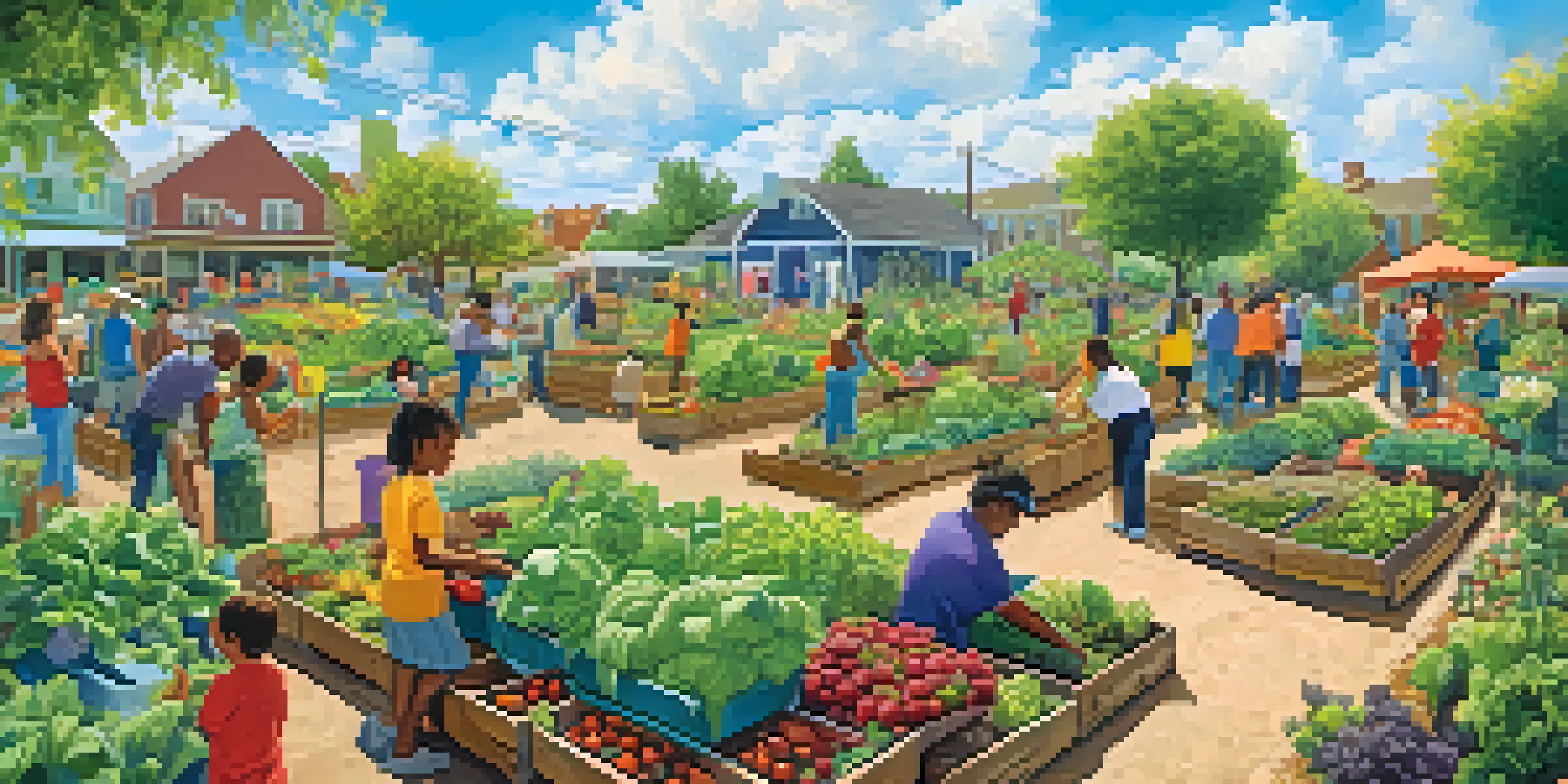 A lively community garden with people of different backgrounds working together, surrounded by colorful fruits and vegetables under a clear blue sky.