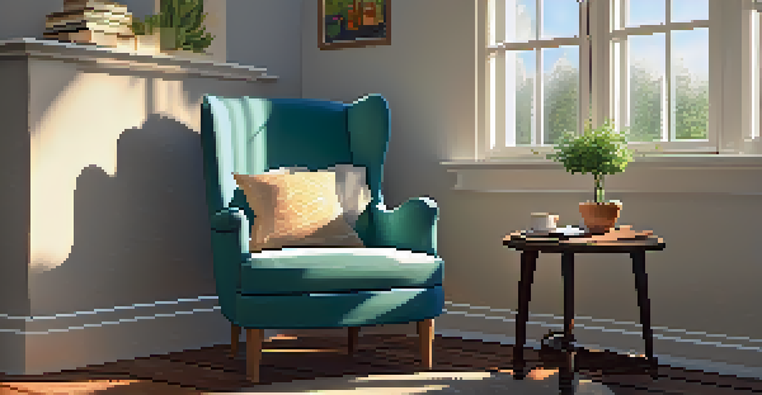 A cozy reading nook with a chair, books, and a cup of tea bathed in warm sunlight.