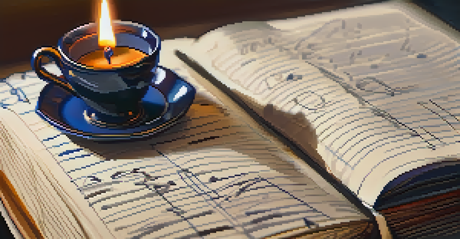 A close-up of an open journal with notes and doodles, alongside a cup of coffee and a candle.