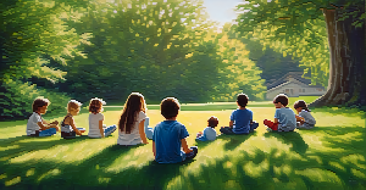Children practicing mindfulness on a grassy lawn, with their eyes closed and surrounded by nature, evoking a sense of calm and happiness.