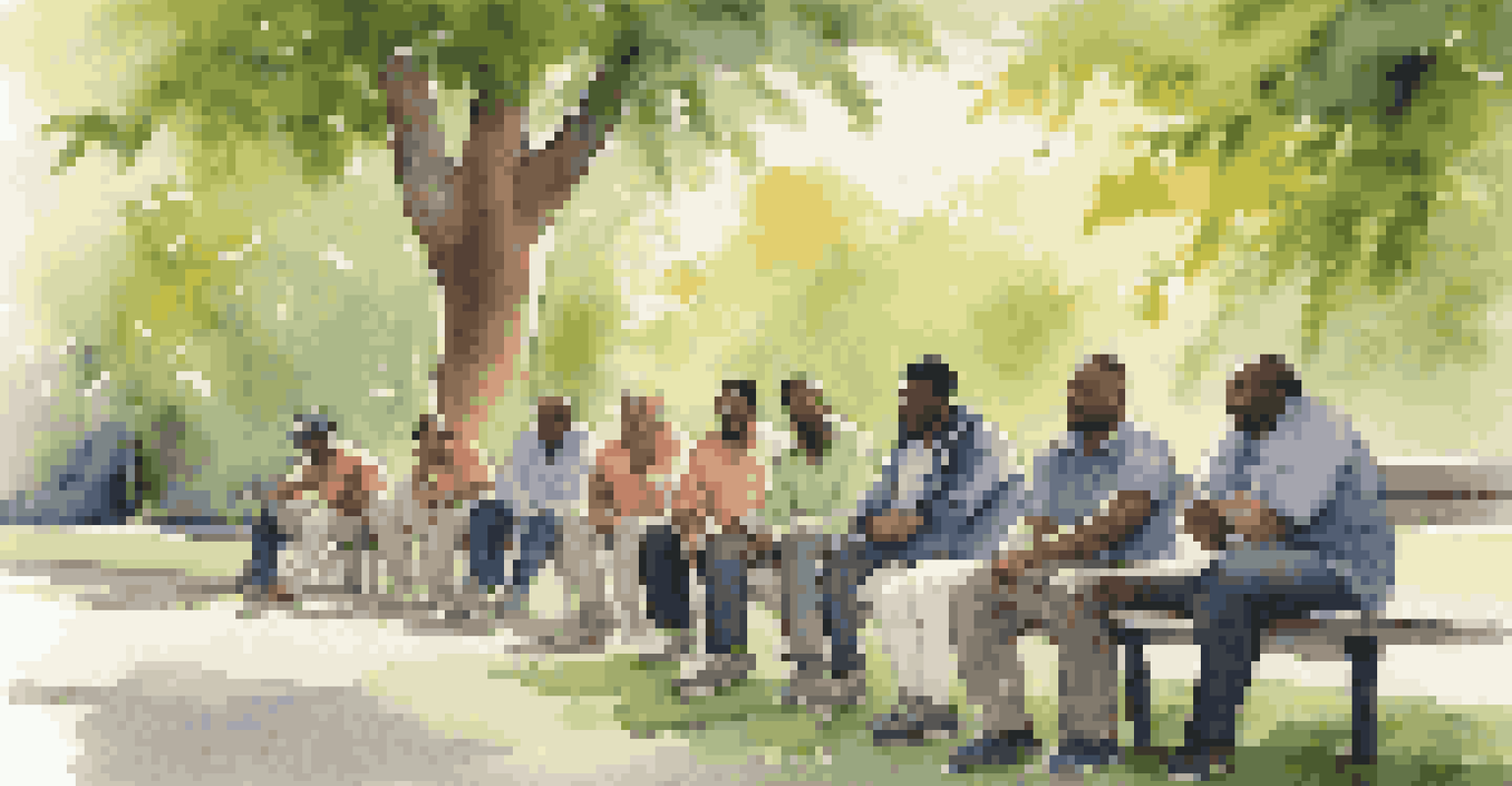 A group of men in a park discussing and supporting each other in a friendly atmosphere.