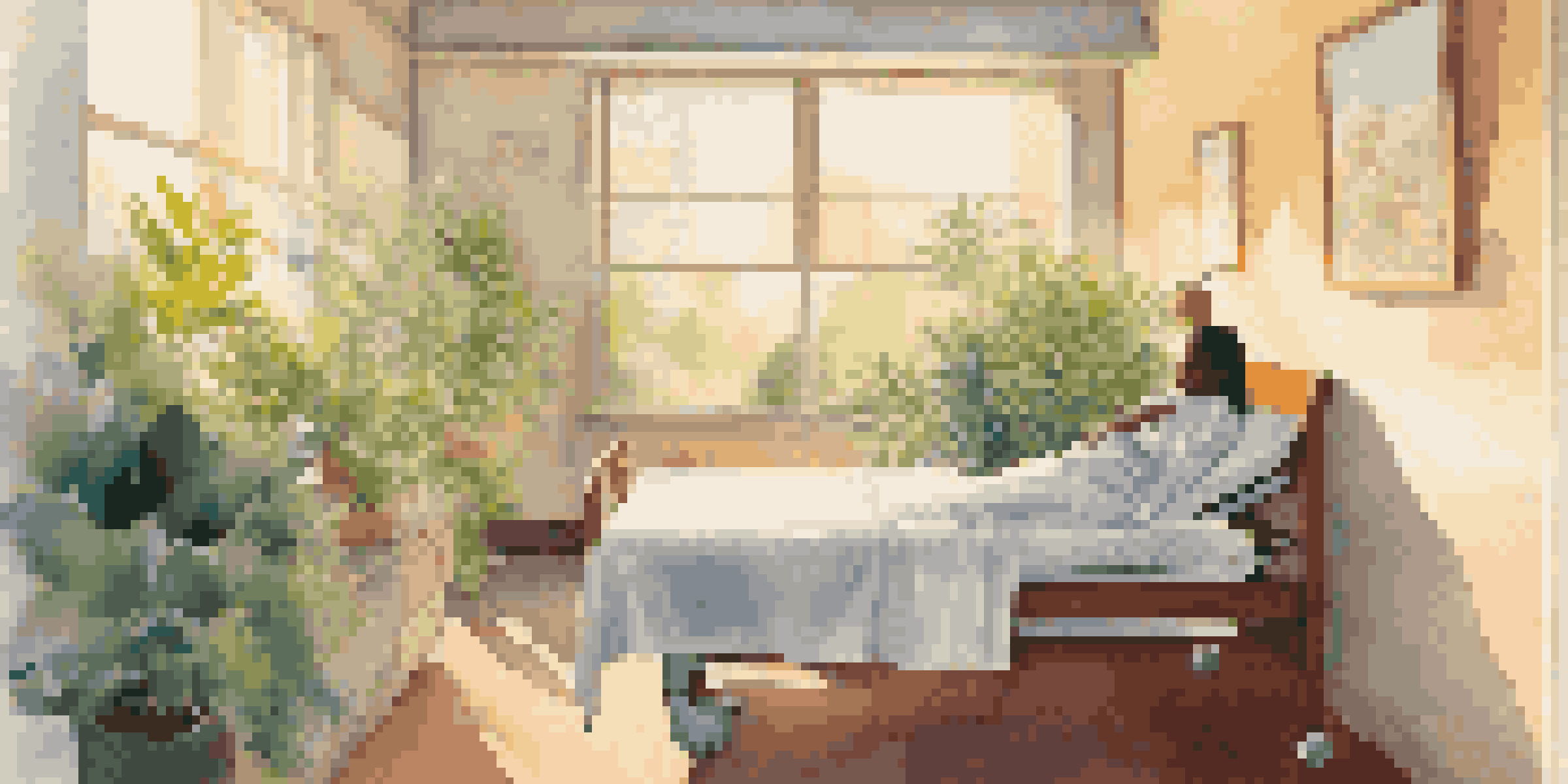 A nurse holding a patient's hand in a sunlit hospital room, surrounded by plants and artwork, symbolizing compassion.