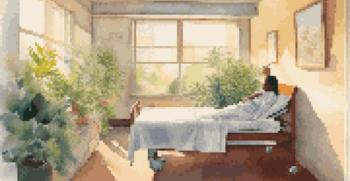 A nurse holding a patient's hand in a sunlit hospital room, surrounded by plants and artwork, symbolizing compassion.