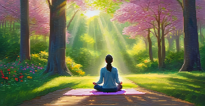 A person practicing mindfulness on a nature walk, surrounded by trees and flowers, with sunlight filtering through the leaves.