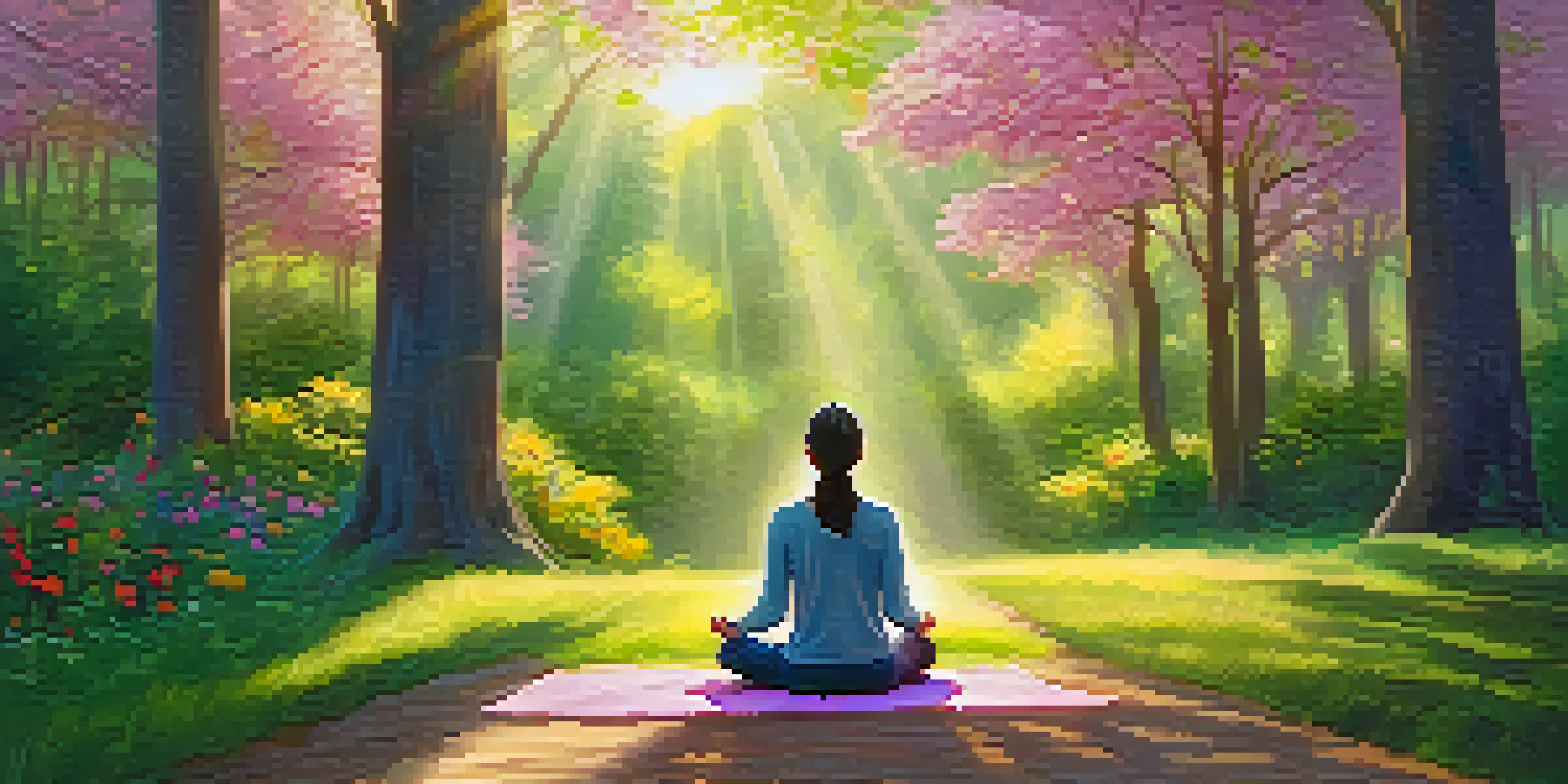 A person practicing mindfulness on a nature walk, surrounded by trees and flowers, with sunlight filtering through the leaves.