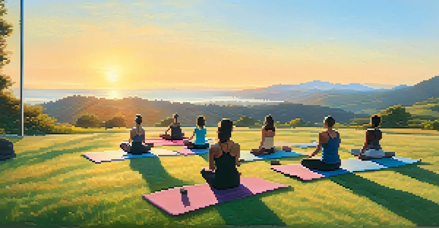 A diverse group of people practicing Downward-Facing Dog pose on a grassy field at sunrise.