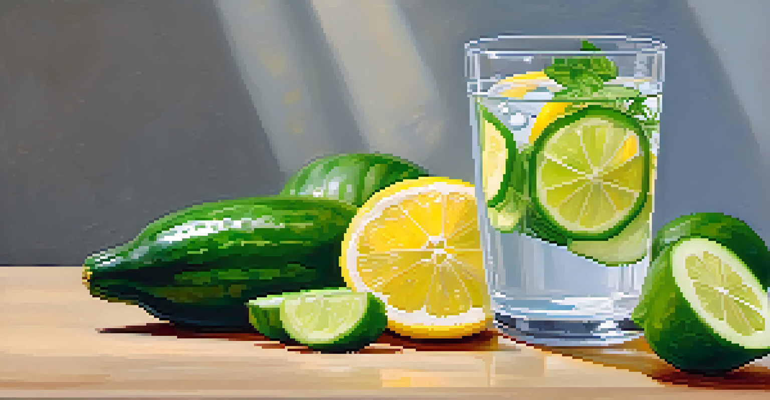 A clear glass of water with lemon and cucumber slices beside fresh herbs on a well-lit table.