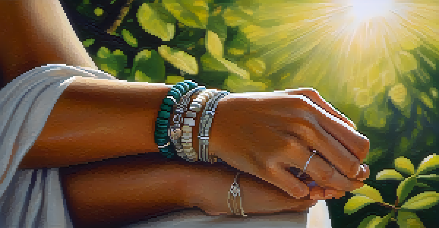 Close-up of hands in a mindfulness gesture with sunlight filtering through leaves in a natural setting.