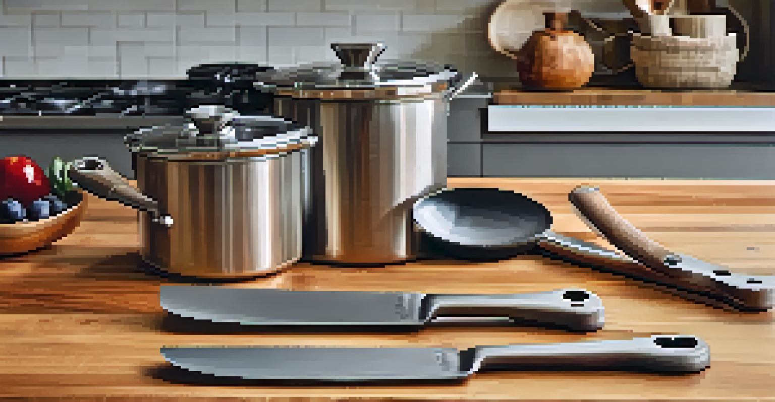 Adaptive kitchen utensils for individuals with arthritis displayed on a wooden countertop in a rustic kitchen setting.