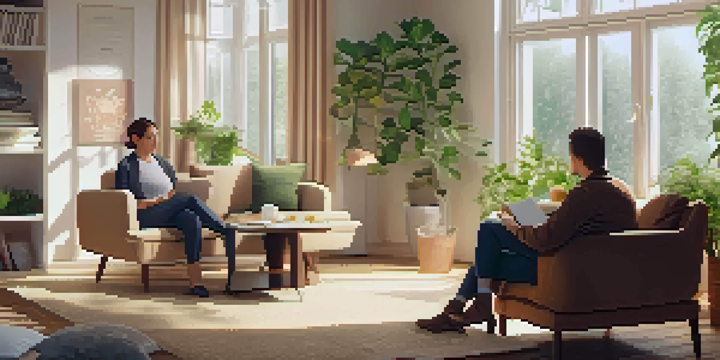 A health coach and a client engaged in a discussion in a cozy room, surrounded by plants and motivational posters.